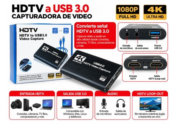 &ua CAPTURADORA DIGITAL HDMI A USB 3,0 4K 1080P 60FPS (3172)